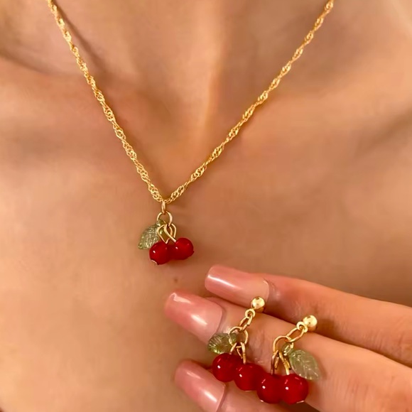 Anthropologie Jewelry - Anthropologie Petite Cherry Red Gold Set